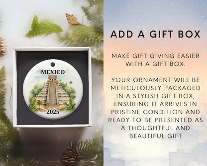 Custom Mexico Pyramids ceramic photo ornament with personalized message – handmade Christmas bauble, gift souvenir, or vacation keepsake.  Add gift box