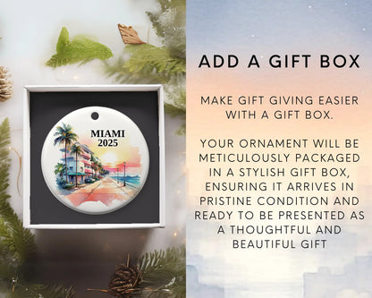 Custom Miami Florida ceramic photo ornament with personalized message – handmade Christmas bauble, gift souvenir, or vacation keepsake.  Add gift box