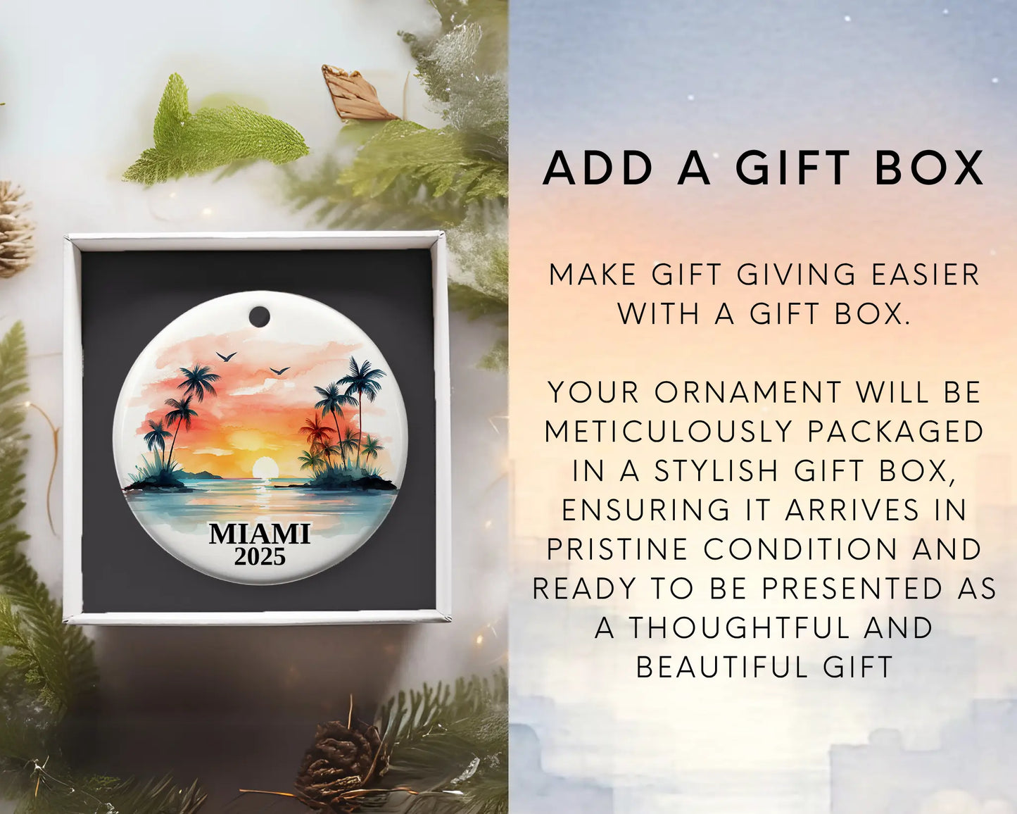 Custom Miami Florida ceramic photo ornament with personalized message – handmade Christmas bauble, gift souvenir, or vacation keepsake.  Add gift box