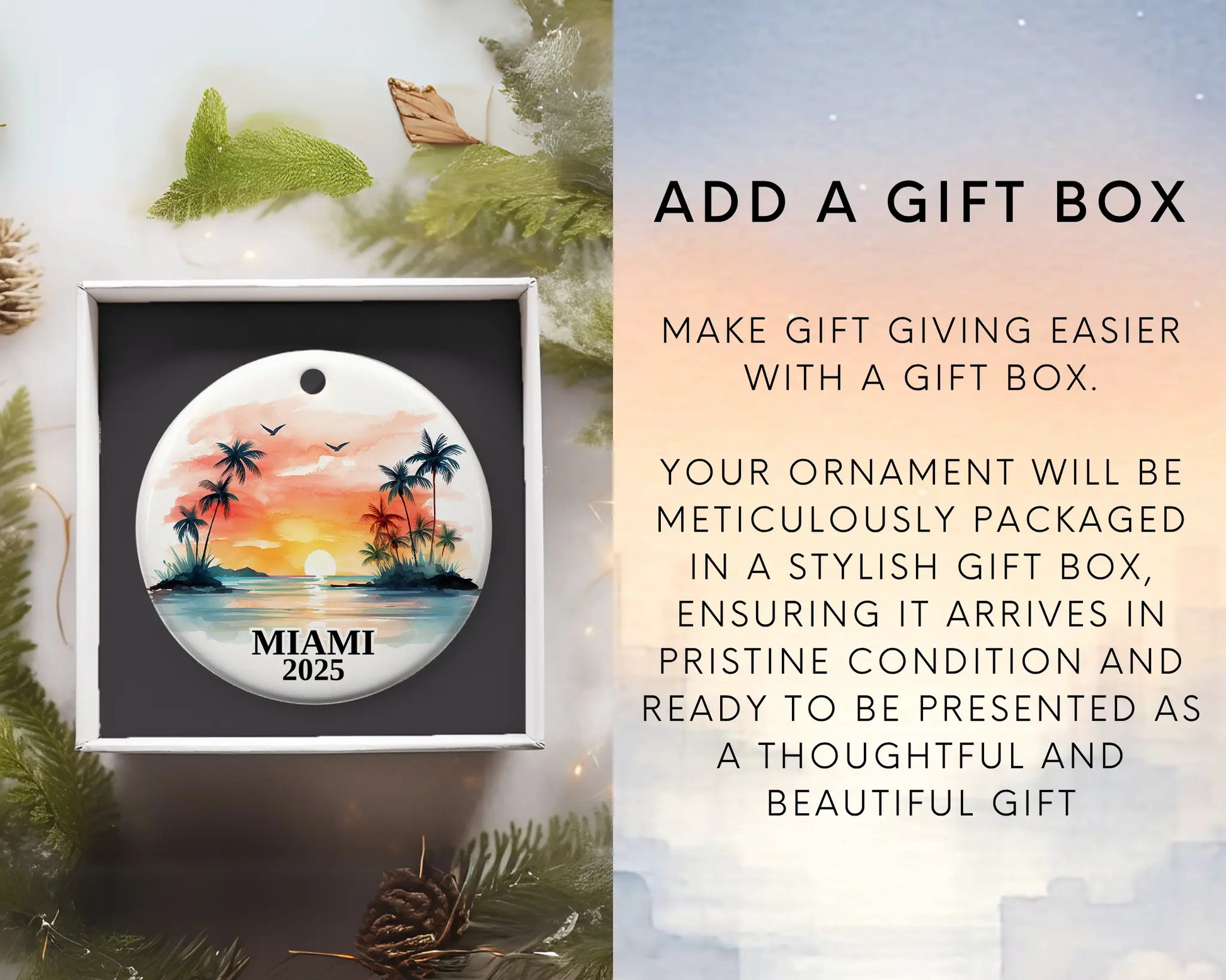 Custom Miami Florida ceramic photo ornament with personalized message – handmade Christmas bauble, gift souvenir, or vacation keepsake.  Add gift box