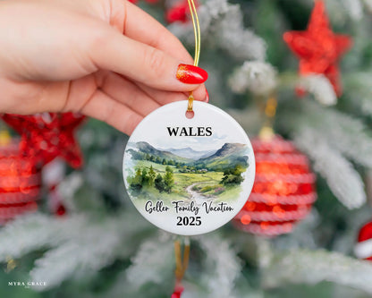 Custom vacation Wales Cymru ceramic photo ornament with personalized message – handmade Christmas bauble, gift souvenir, or vacation keepsake. 