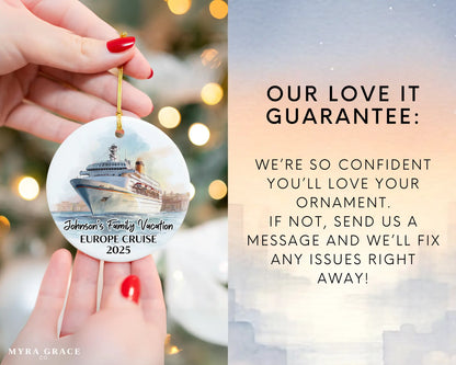 Handmade ceramic European cruise ornament with personalized location and photo – custom Christmas bauble or cruise vacation souvenir. Love it guarantee