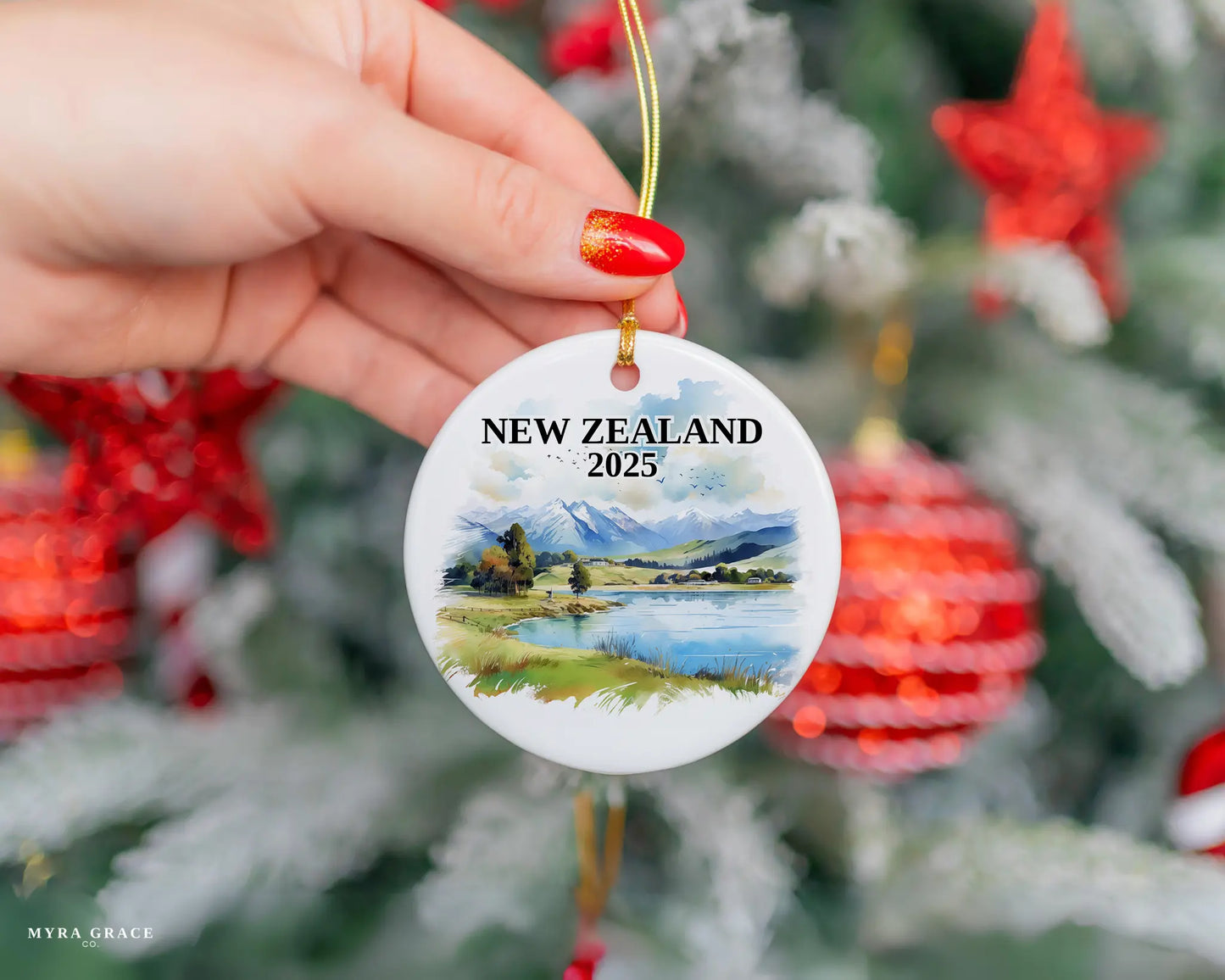 Custom New Zealand ceramic photo ornament with personalized message – handmade Christmas bauble, gift souvenir, or vacation keepsake.  