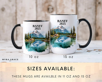 Custom ceramic Banff vacation mug with watercolor location design, date, and personal photo – personalized travel gift or photo mug. Sizes available
