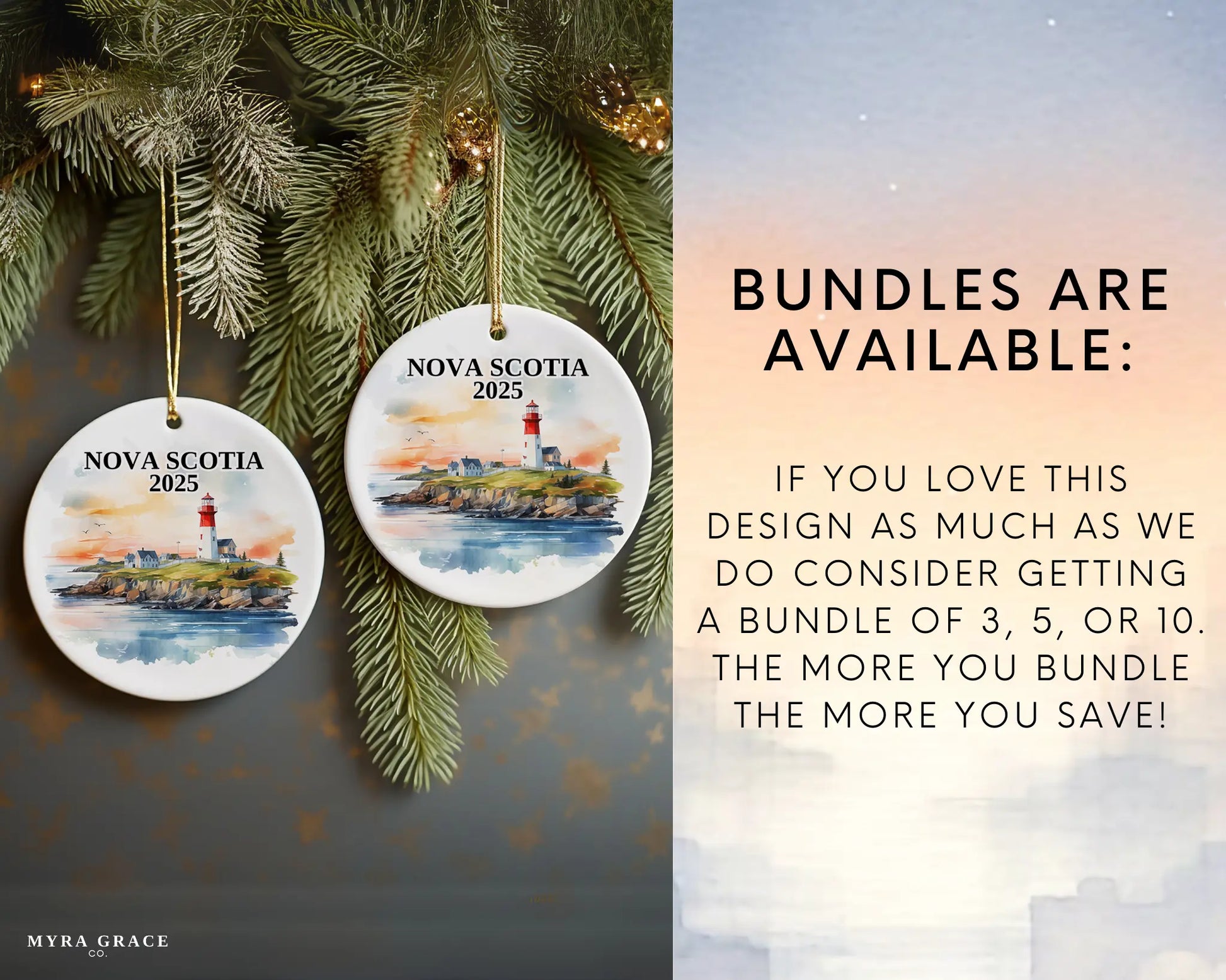 Custom Nova Scotia ceramic photo ornament with personalized message – handmade Christmas bauble, gift souvenir, or vacation keepsake. Bundles are available