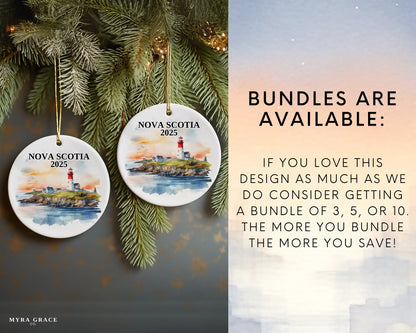Custom Nova Scotia ceramic photo ornament with personalized message – handmade Christmas bauble, gift souvenir, or vacation keepsake. Bundles are available