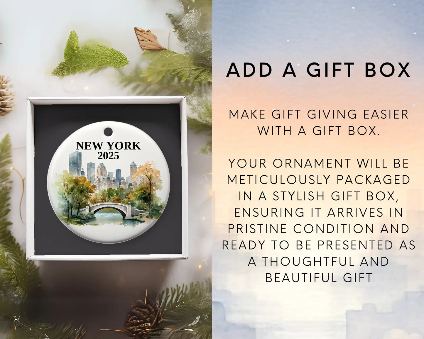 Custom New York Central Park ceramic photo ornament with personalized message – handmade Christmas bauble, gift souvenir, or vacation keepsake.  Add gift box