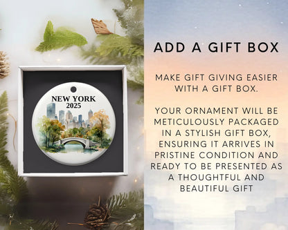 Custom New York Central Park ceramic photo ornament with personalized message – handmade Christmas bauble, gift souvenir, or vacation keepsake.  Add gift box