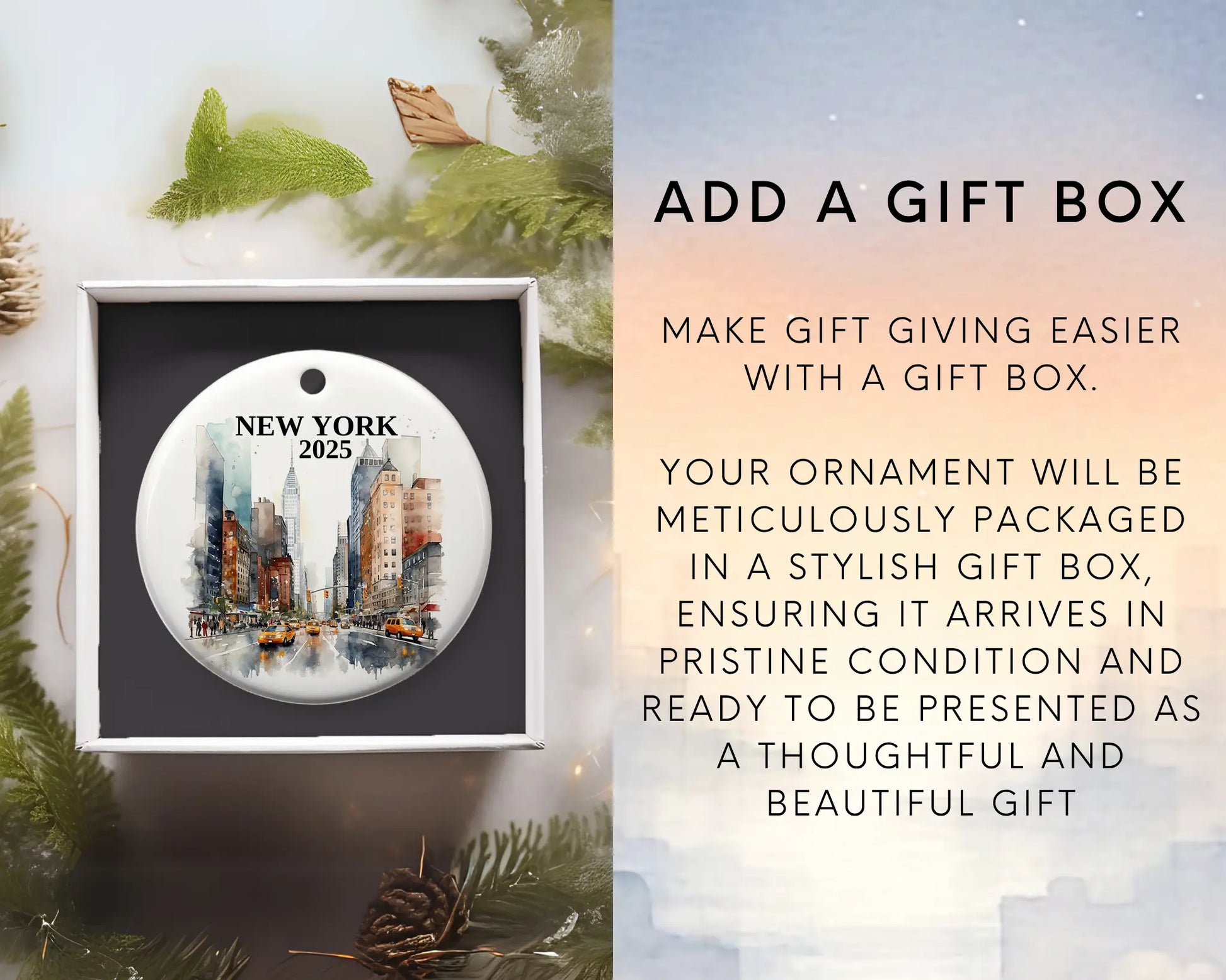 Custom New York City ceramic photo ornament with personalized message – handmade Christmas bauble, gift souvenir, or vacation keepsake.  Add gift box