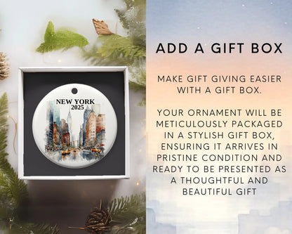 Custom New York City ceramic photo ornament with personalized message – handmade Christmas bauble, gift souvenir, or vacation keepsake.  Add gift box