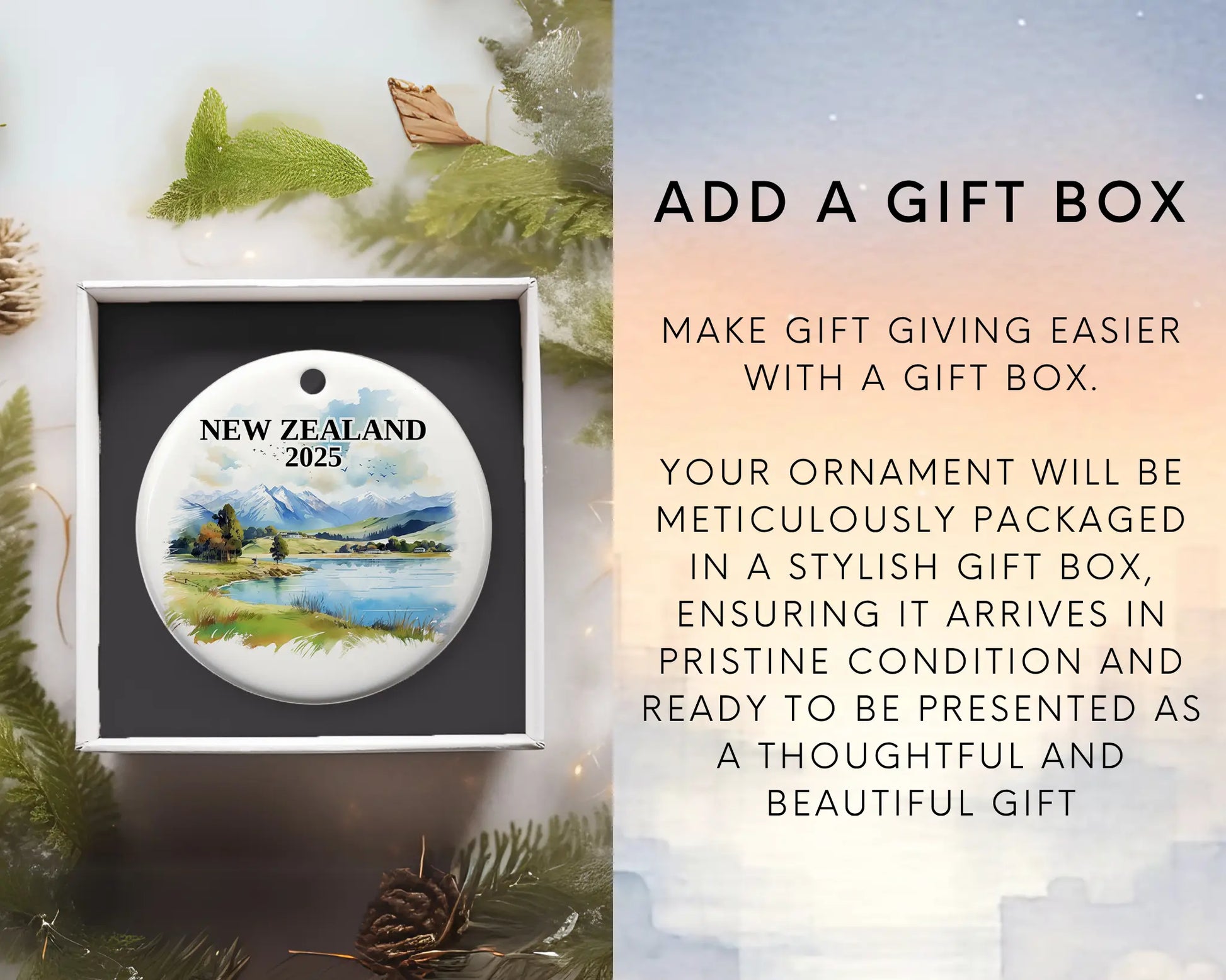 Custom New Zealand ceramic photo ornament with personalized message – handmade Christmas bauble, gift souvenir, or vacation keepsake.  Add gift box