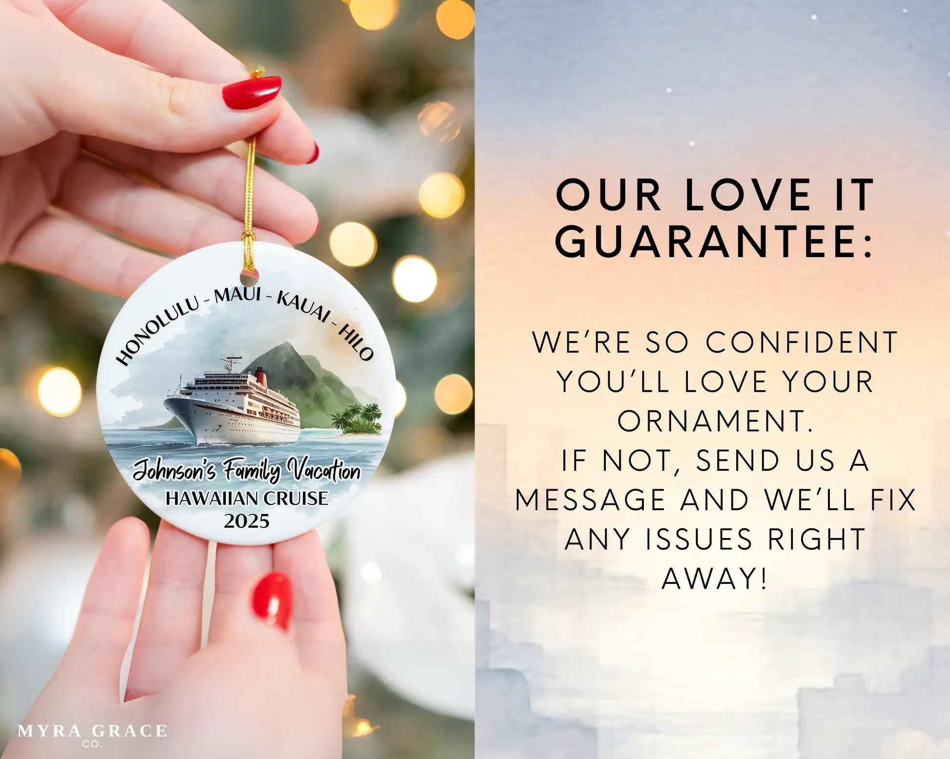 Handmade ceramic Hawaii cruise ornament with personalized location and photo – custom Christmas bauble or cruise vacation souvenir. Love it guarantee