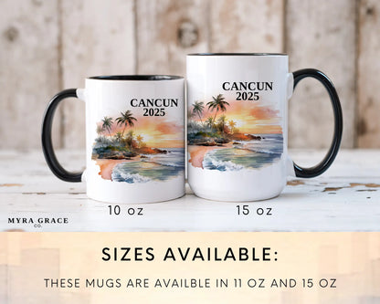 Custom ceramic Cancun Mexico vacation mug with watercolor location design, date, and personal photo – personalized travel gift or photo mug. Sizes available