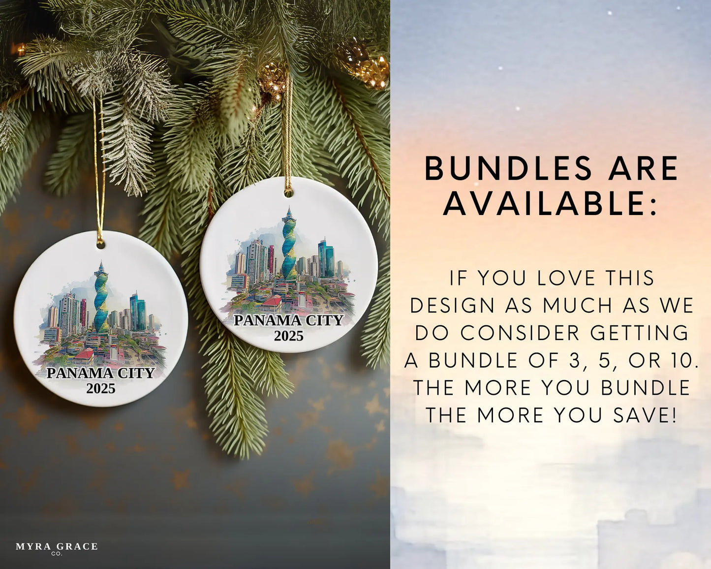 Custom Panama City ceramic photo ornament with personalized message – handmade Christmas bauble, gift souvenir, or vacation keepsake. Bundles are available