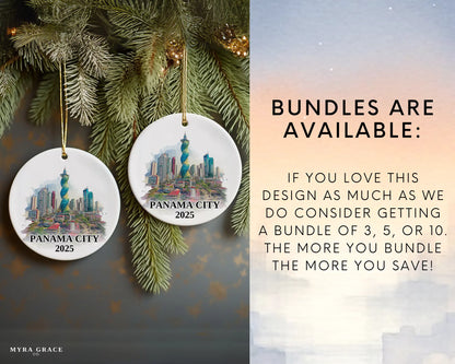 Custom Panama City ceramic photo ornament with personalized message – handmade Christmas bauble, gift souvenir, or vacation keepsake. Bundles are available