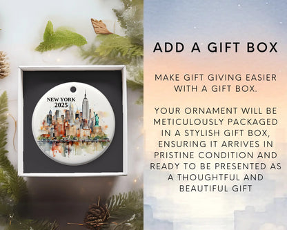 Custom New York NYC ceramic photo ornament with personalized message – handmade Christmas bauble, gift souvenir, or vacation keepsake.  Add gift box
