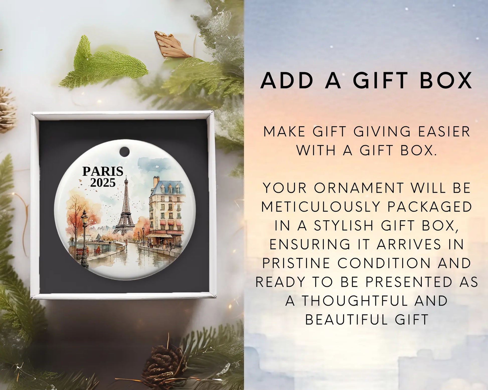 Custom Paris France ceramic photo ornament with personalized message – handmade Christmas bauble, gift souvenir, or vacation keepsake.  Add gift box