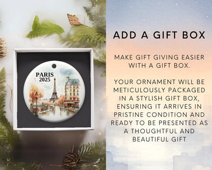 Custom Paris France ceramic photo ornament with personalized message – handmade Christmas bauble, gift souvenir, or vacation keepsake.  Add gift box