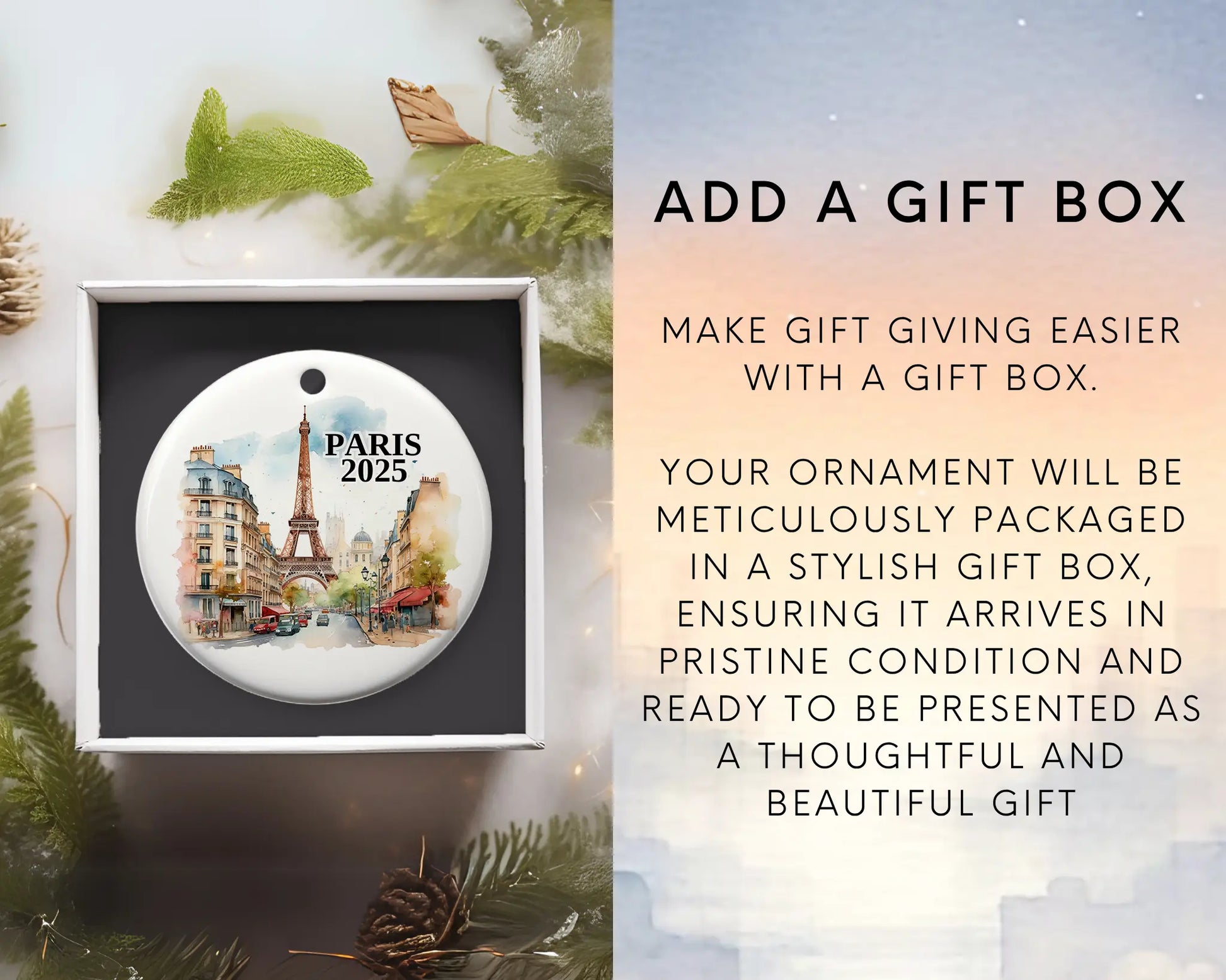 Custom Paris France ceramic photo ornament with personalized message – handmade Christmas bauble, gift souvenir, or vacation keepsake.  Add gift box