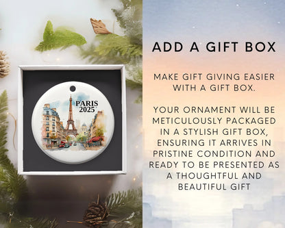 Custom Paris France ceramic photo ornament with personalized message – handmade Christmas bauble, gift souvenir, or vacation keepsake.  Add gift box