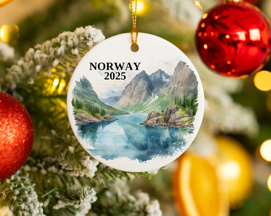 Custom Norway ceramic photo ornament with personalized message – handmade Christmas bauble, gift souvenir, or vacation keepsake.  