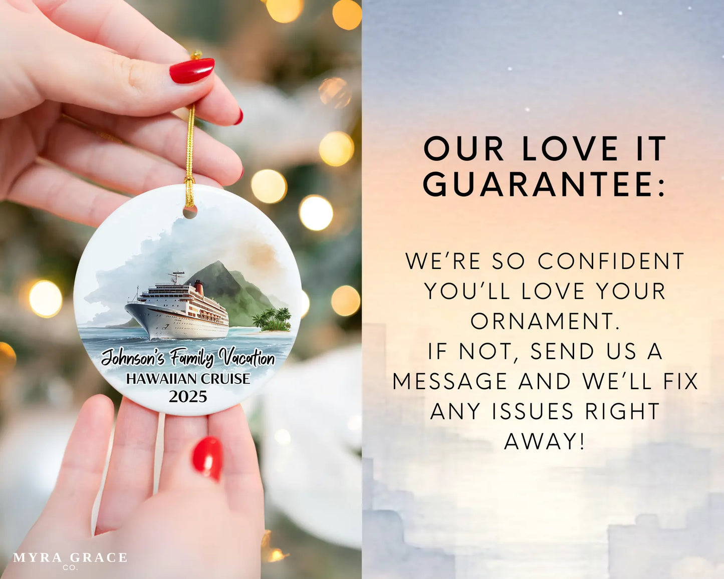 Handmade ceramic Hawaii cruise ornament with personalized location and photo – custom Christmas bauble or cruise vacation souvenir. Love it guarantee