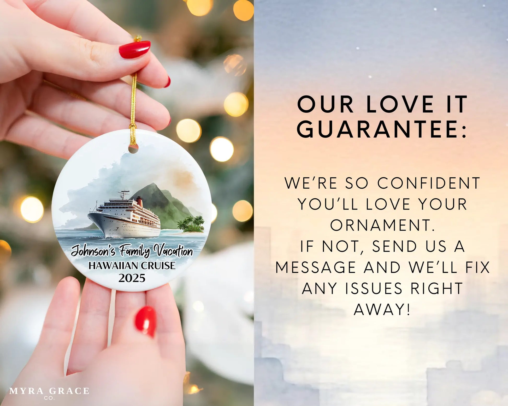 Handmade ceramic Hawaii cruise ornament with personalized location and photo – custom Christmas bauble or cruise vacation souvenir. Love it guarantee