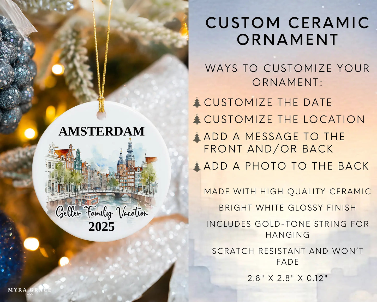 Custom vacation Amsterdam ceramic photo ornament with personalized message – handmade Christmas bauble, gift souvenir, or vacation keepsake. Infographic