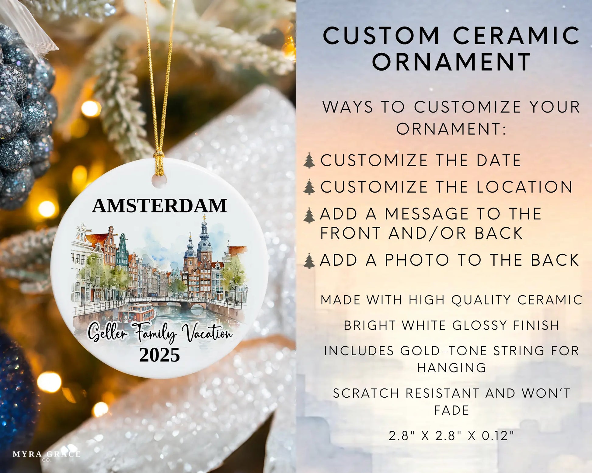 Custom vacation Amsterdam ceramic photo ornament with personalized message – handmade Christmas bauble, gift souvenir, or vacation keepsake. Infographic