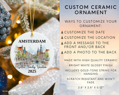 Custom vacation Amsterdam ceramic photo ornament with personalized message – handmade Christmas bauble, gift souvenir, or vacation keepsake. Infographic