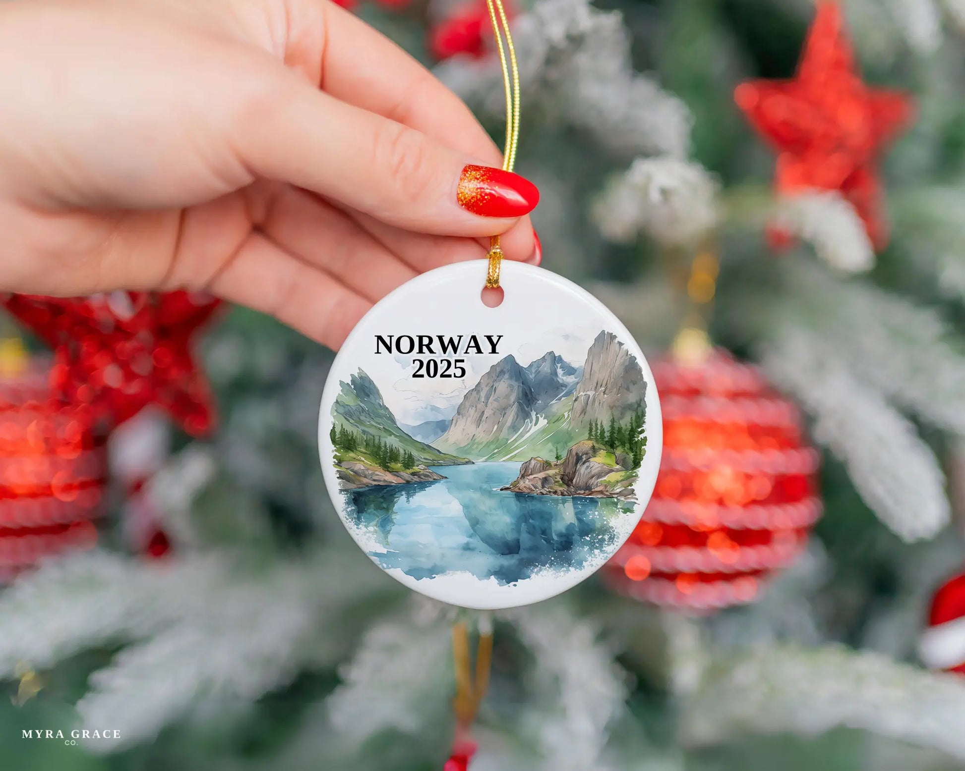 Custom Norway ceramic photo ornament with personalized message – handmade Christmas bauble, gift souvenir, or vacation keepsake.  