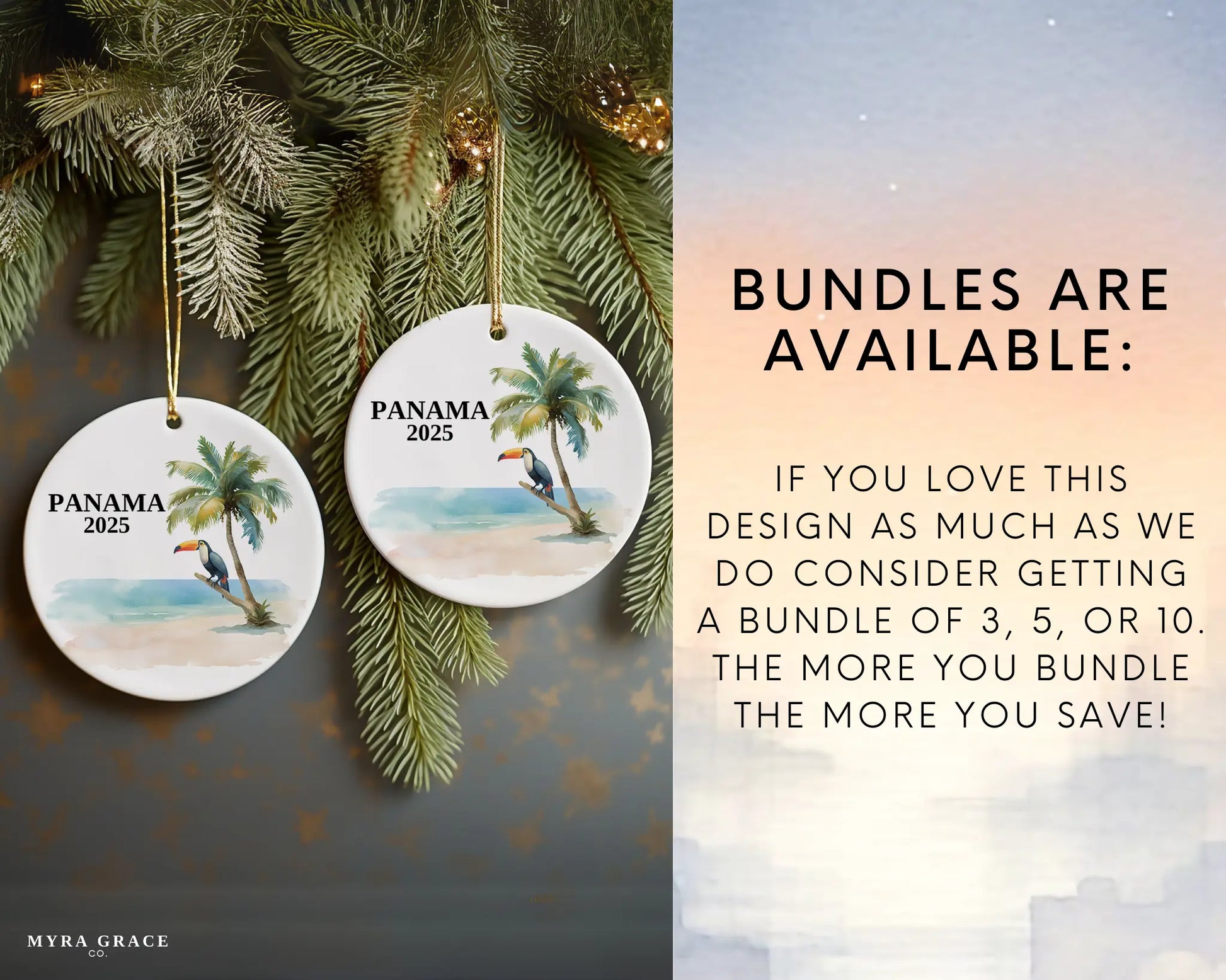 Custom Panama ceramic photo ornament with personalized message – handmade Christmas bauble, gift souvenir, or vacation keepsake. Bundles are available