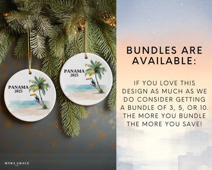 Custom Panama ceramic photo ornament with personalized message – handmade Christmas bauble, gift souvenir, or vacation keepsake. Bundles are available