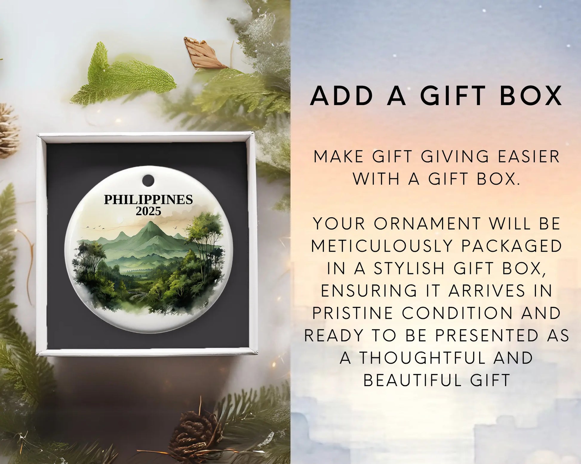 Custom Philippines ceramic photo ornament with personalized message – handmade Christmas bauble, gift souvenir, or vacation keepsake. Add gift box