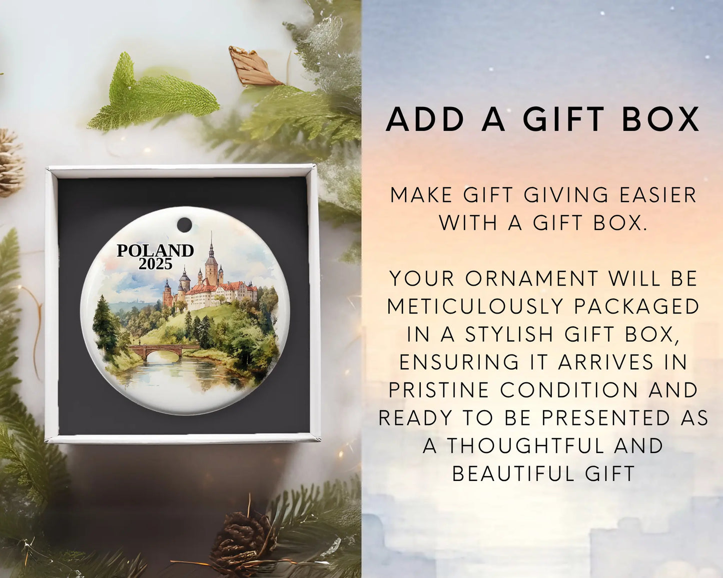 Custom Poland ceramic photo ornament with personalized message – handmade Christmas bauble, gift souvenir, or vacation keepsake. Add gift box