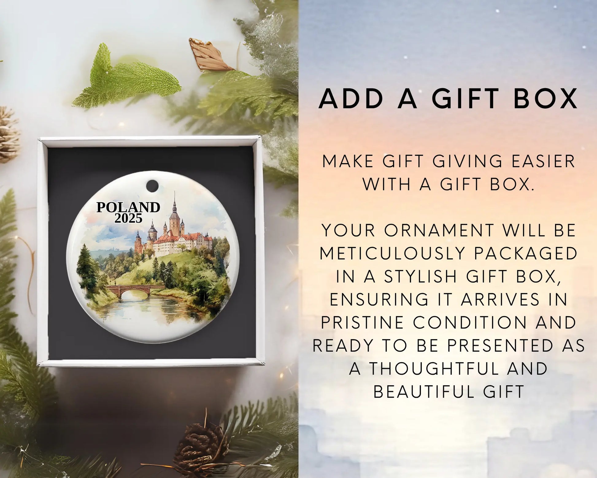 Custom Poland ceramic photo ornament with personalized message – handmade Christmas bauble, gift souvenir, or vacation keepsake. Add gift box