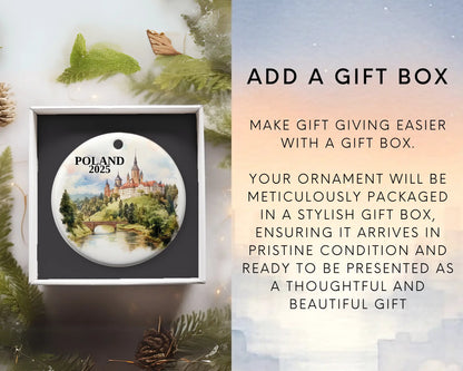 Custom Poland ceramic photo ornament with personalized message – handmade Christmas bauble, gift souvenir, or vacation keepsake. Add gift box