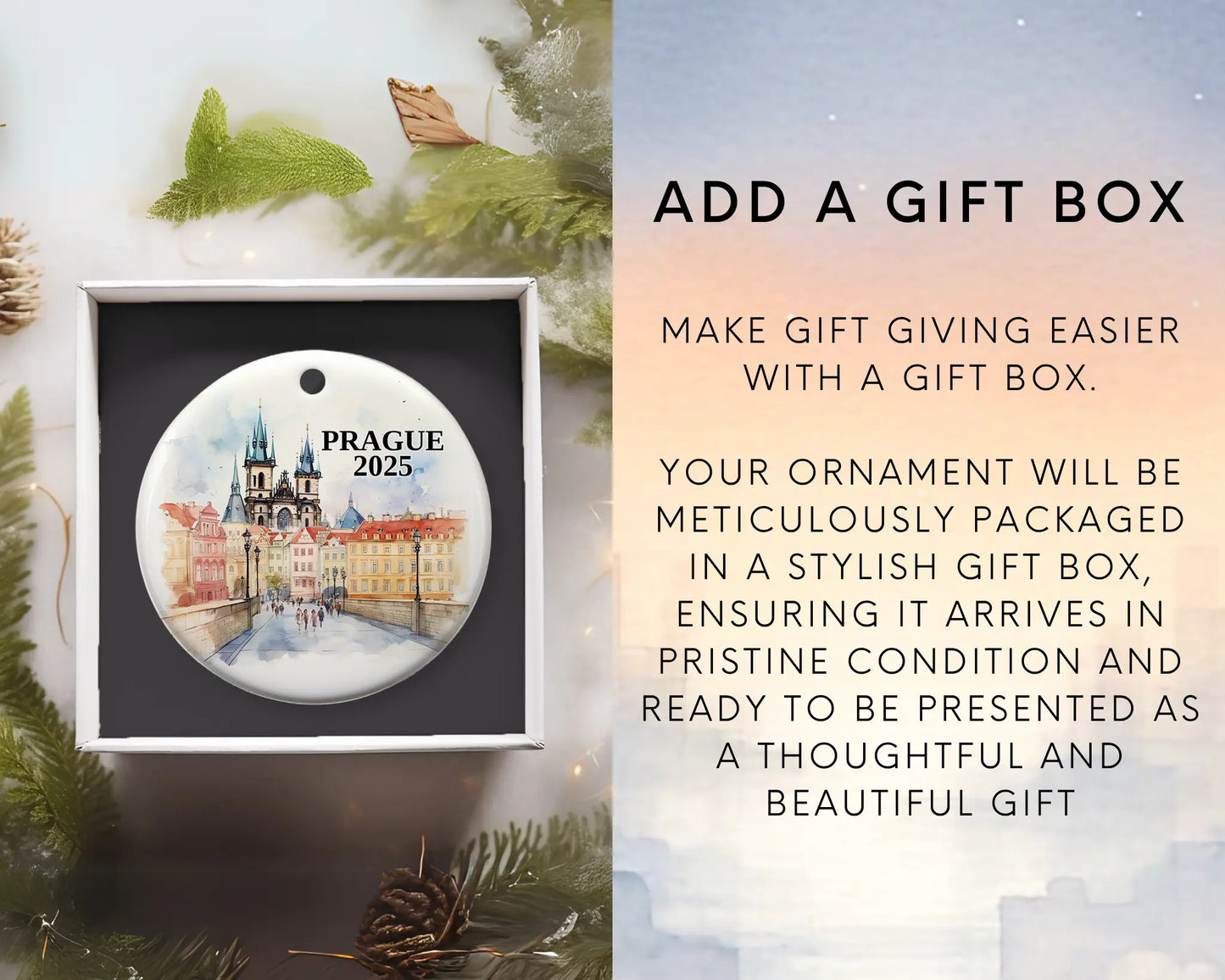 Custom Prague ceramic photo ornament with personalized message – handmade Christmas bauble, gift souvenir, or vacation keepsake. Add gift box