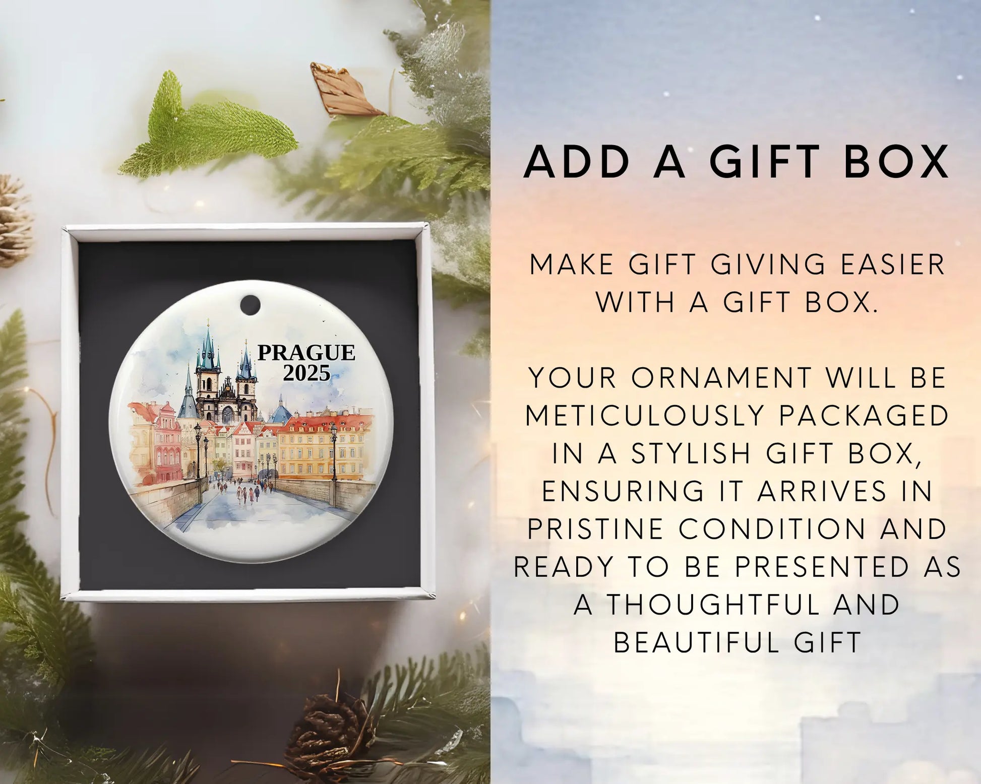 Custom Prague ceramic photo ornament with personalized message – handmade Christmas bauble, gift souvenir, or vacation keepsake. Add gift box