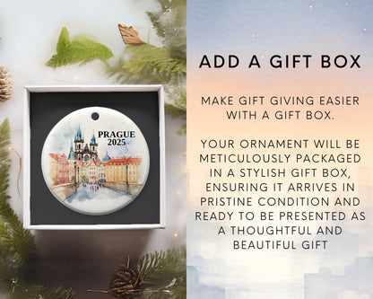 Custom Prague ceramic photo ornament with personalized message – handmade Christmas bauble, gift souvenir, or vacation keepsake. Add gift box