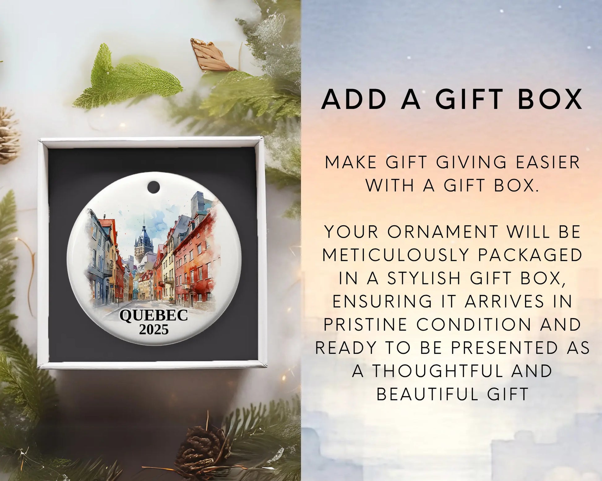 Custom Quebec ceramic photo ornament with personalized message – handmade Christmas bauble, gift souvenir, or vacation keepsake. Add gift box