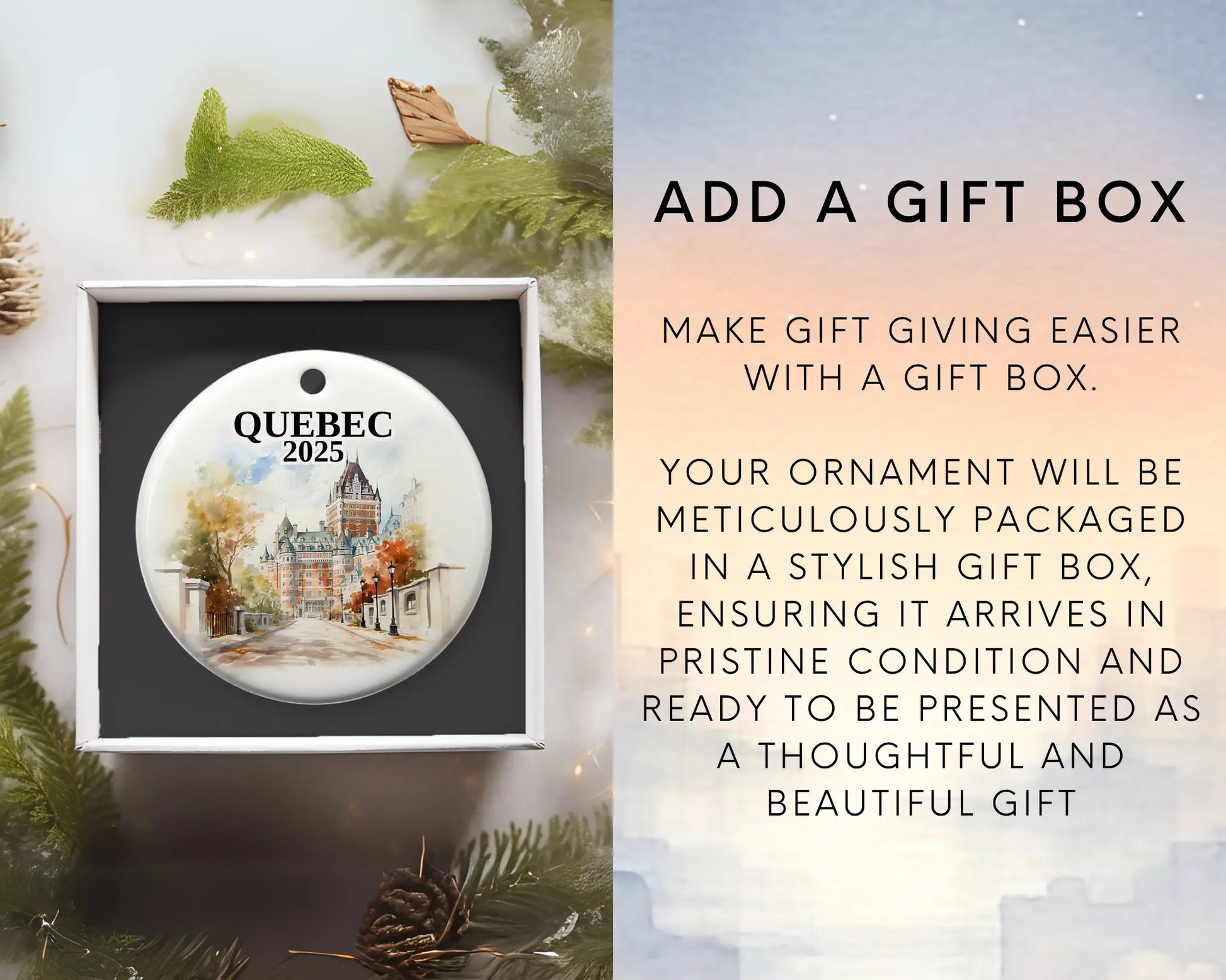Custom Quebec ceramic photo ornament with personalized message – handmade Christmas bauble, gift souvenir, or vacation keepsake. Add gift box