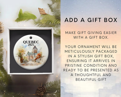 Custom Quebec ceramic photo ornament with personalized message – handmade Christmas bauble, gift souvenir, or vacation keepsake. Add gift box