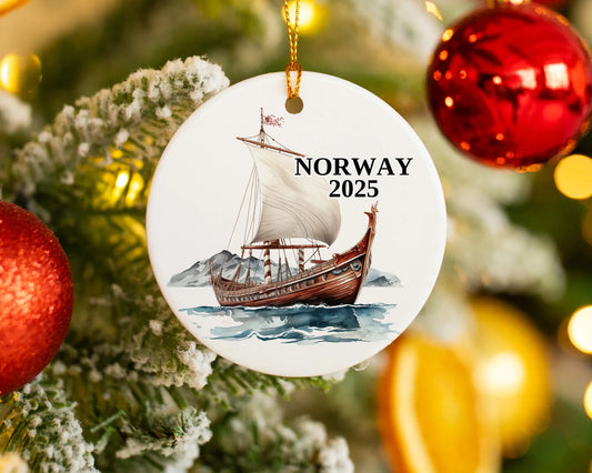 Custom Norway Vikings ceramic photo ornament with personalized message – handmade Christmas bauble, gift souvenir, or vacation keepsake.  