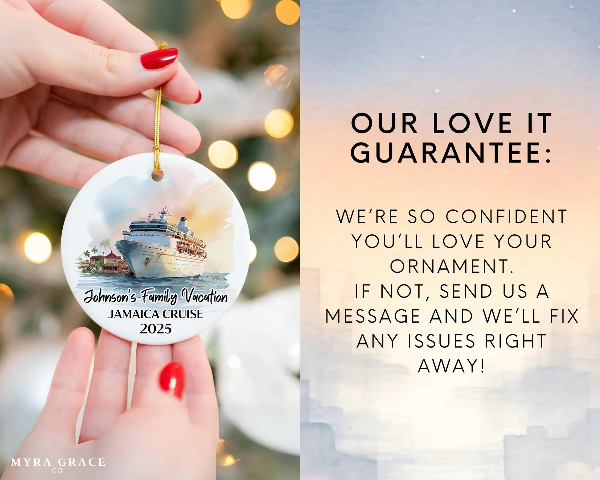Handmade ceramic Jamaica cruise ornament with personalized location and photo – custom Christmas bauble or cruise vacation souvenir. Love it guarantee