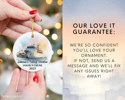 Handmade ceramic Jamaica cruise ornament with personalized location and photo – custom Christmas bauble or cruise vacation souvenir. Love it guarantee