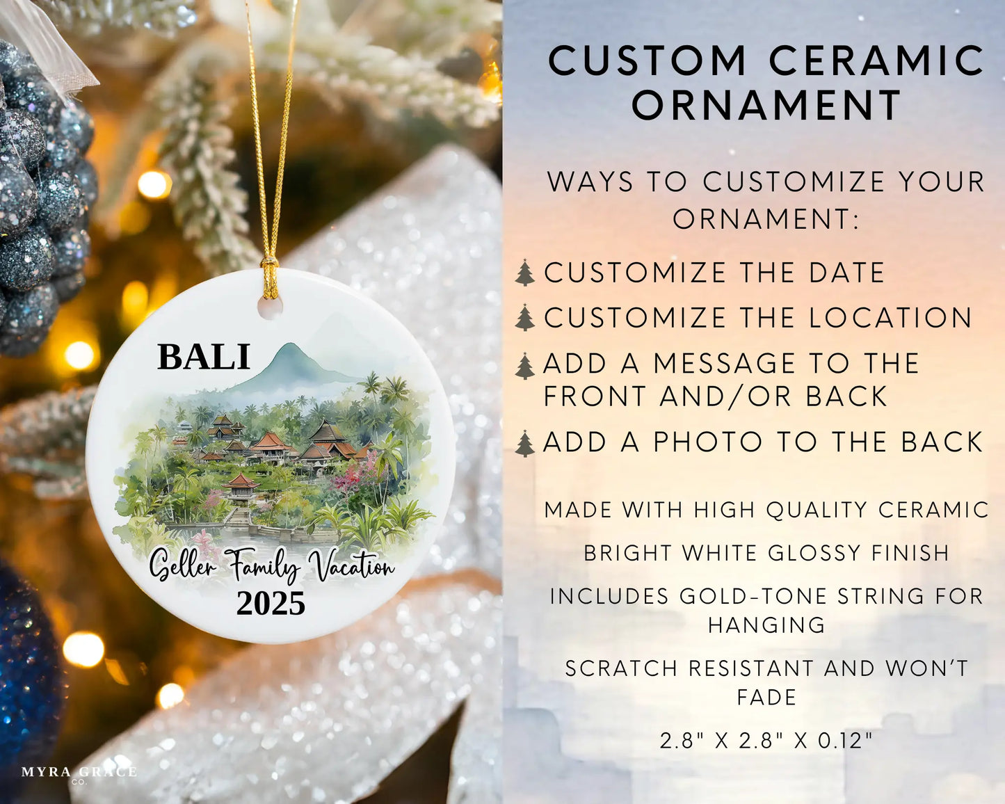 Custom vacation Bali Indonesia ceramic photo ornament with personalized message – handmade Christmas bauble, gift souvenir, or vacation keepsake. Infographic