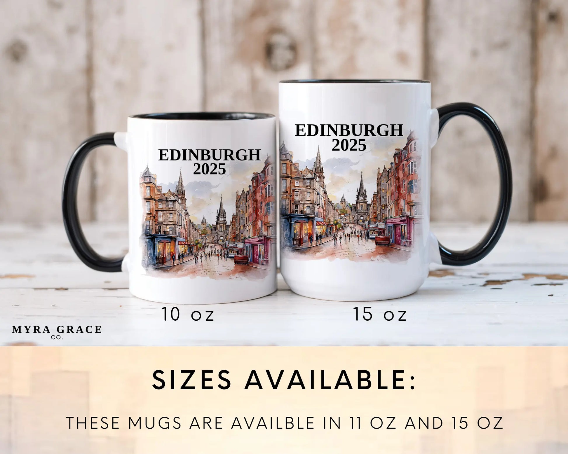 Custom ceramic Edinburgh Scotland vacation mug with watercolor location design, date, and personal photo – personalized travel gift or photo mug. Sizes available