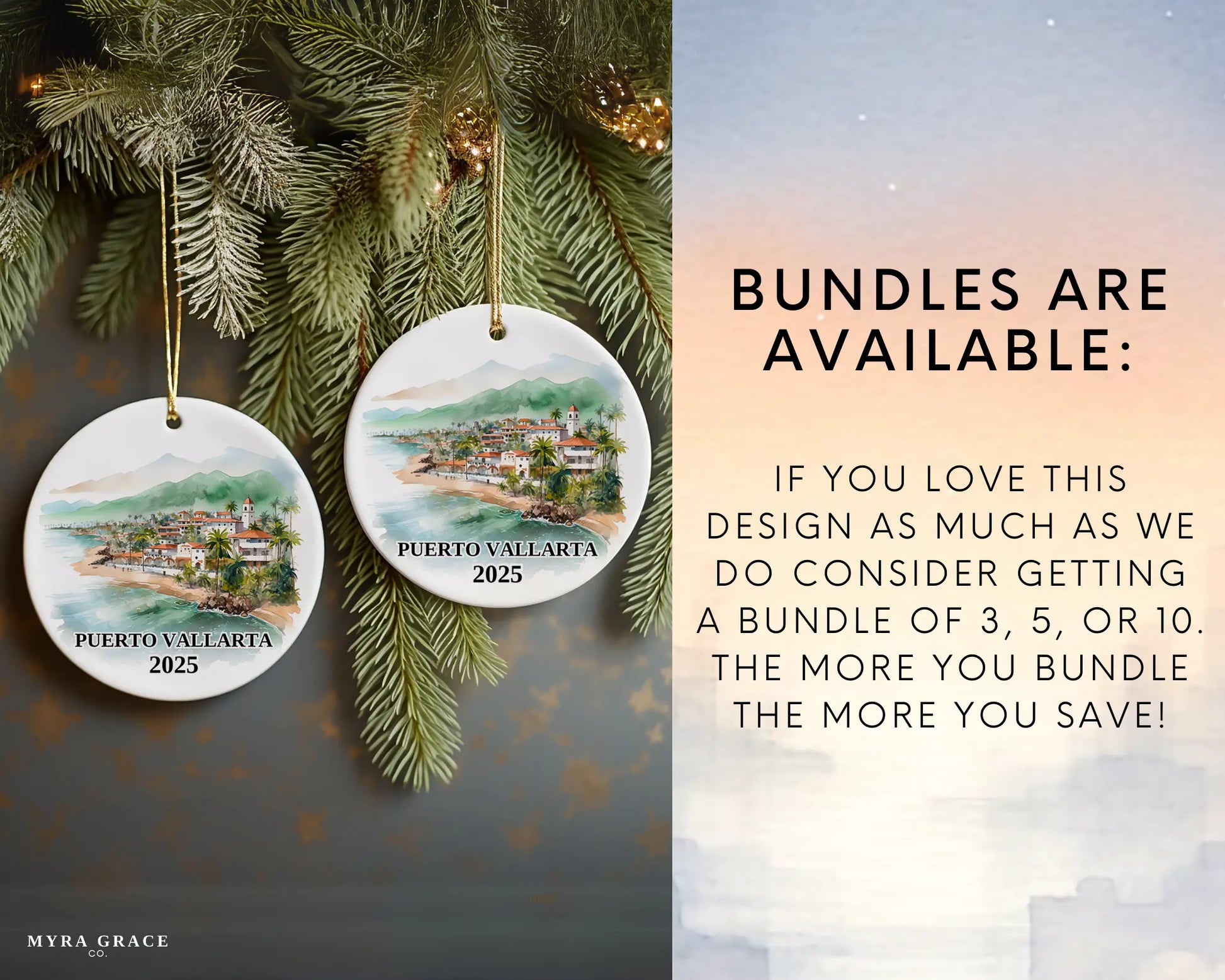 Custom Puerto Vallarta Mexico ceramic photo ornament with personalized message – handmade Christmas bauble, gift souvenir, or vacation keepsake.  Bundles are available