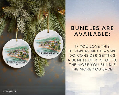 Custom Puerto Vallarta Mexico ceramic photo ornament with personalized message – handmade Christmas bauble, gift souvenir, or vacation keepsake.  Bundles are available